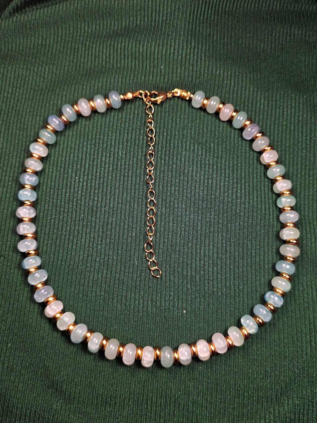 Crackle blue glass and gold beaded necklace