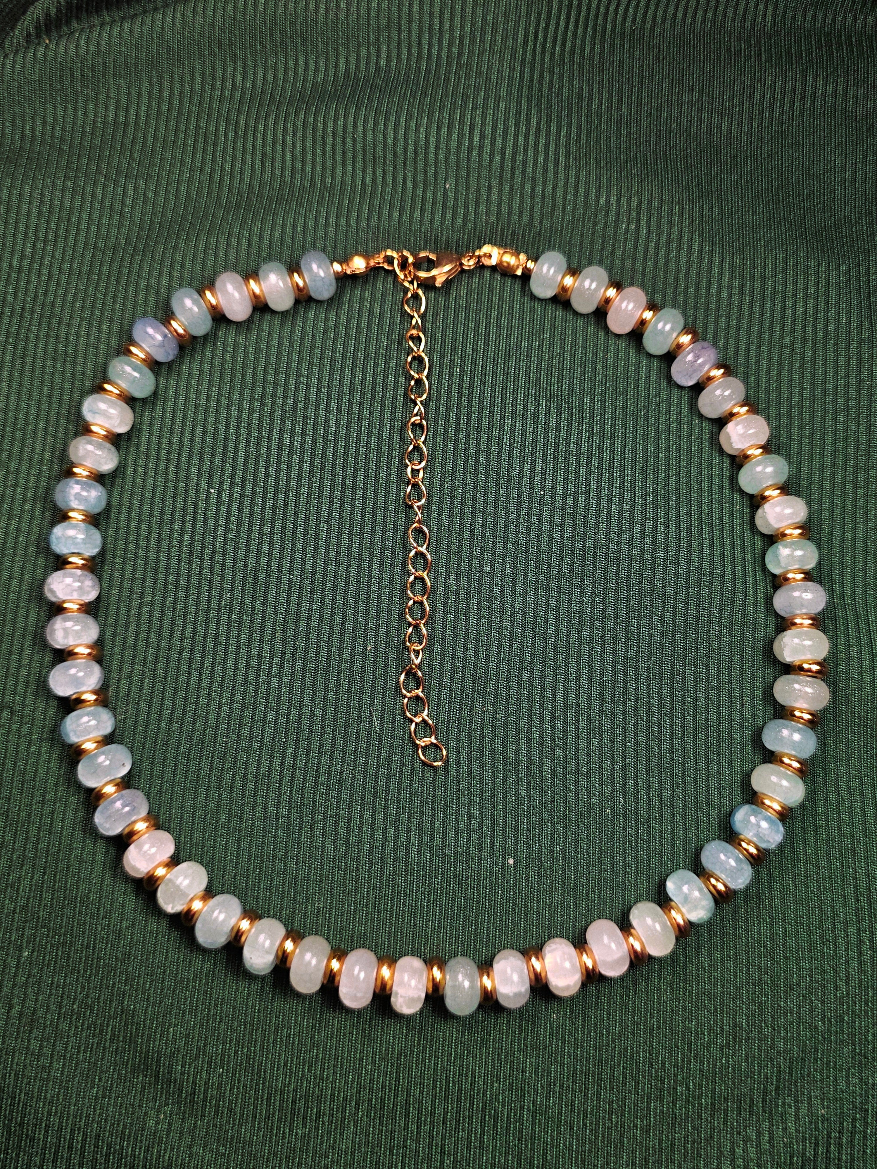 Crackle blue glass and gold beaded necklace