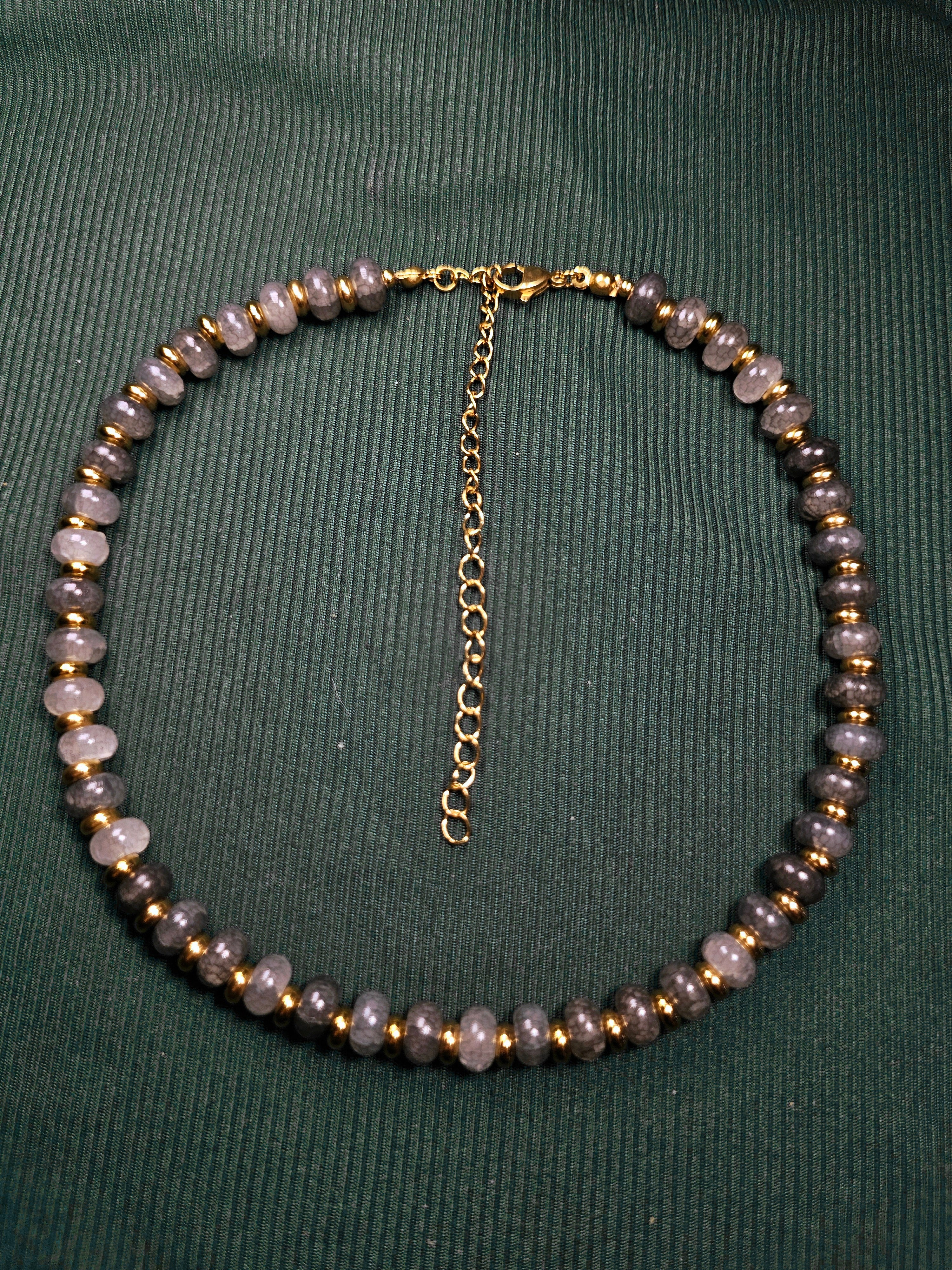 Crackle brown and black glass and gold bead necklace