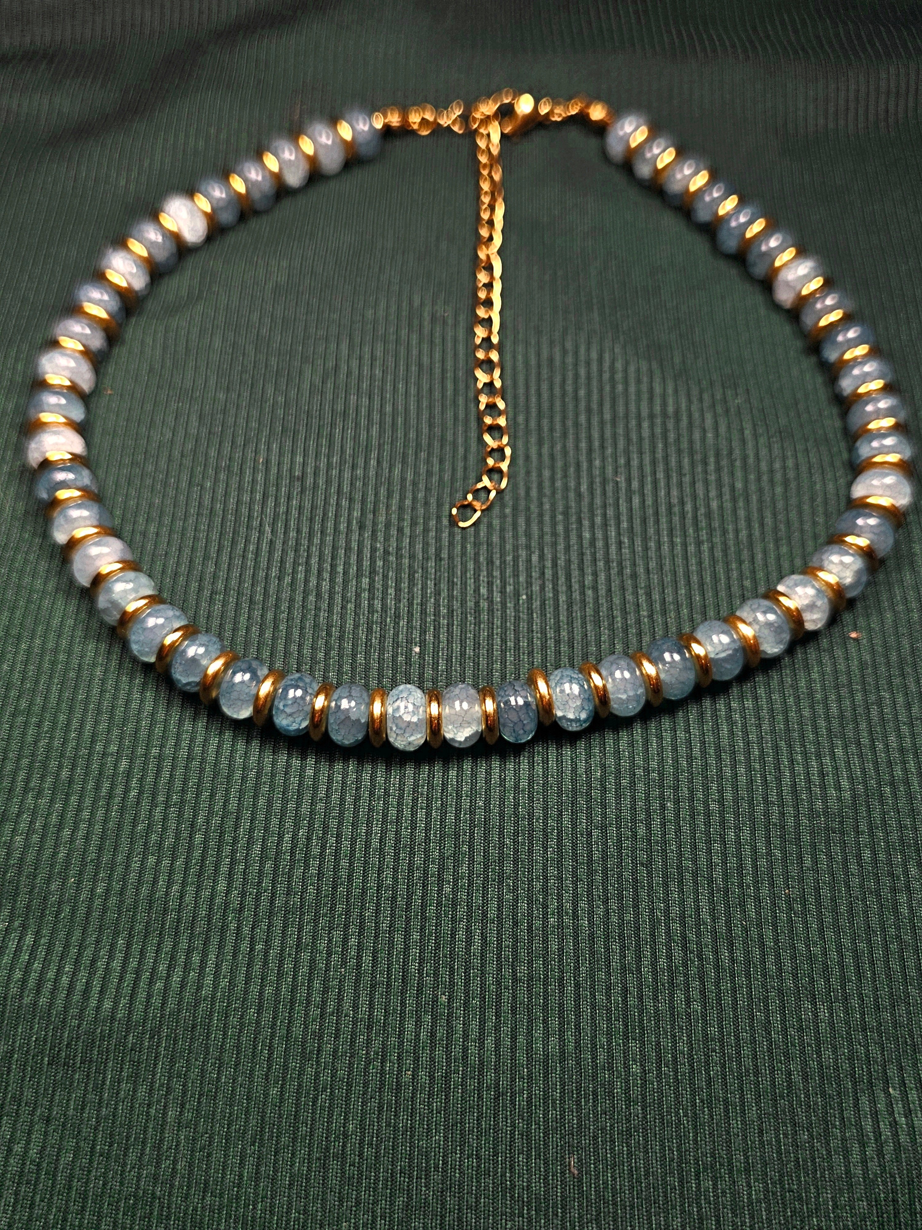 Crackle blue glass and gold beaded necklace