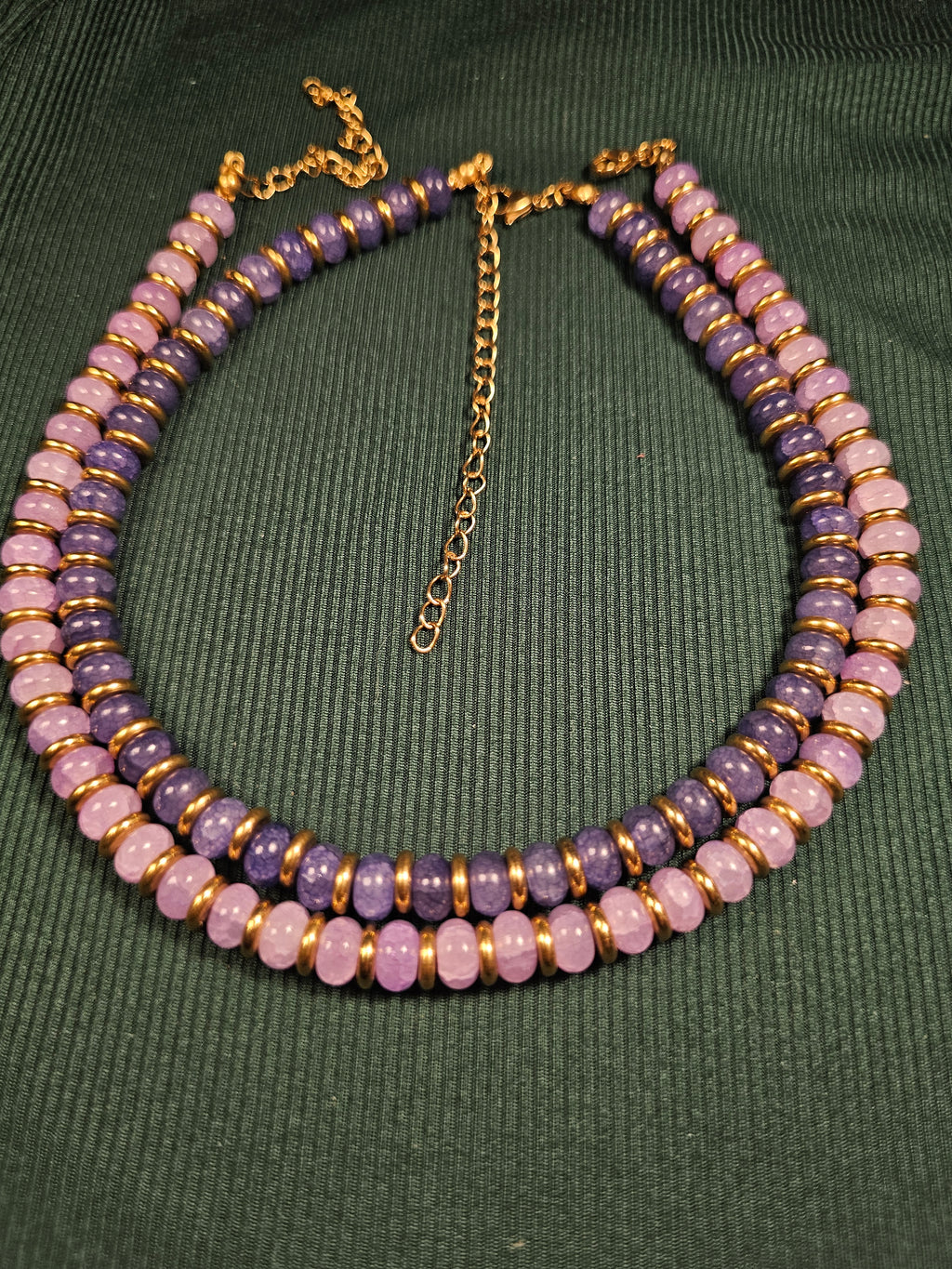 Crackle blue and purple glass and gold bead necklace