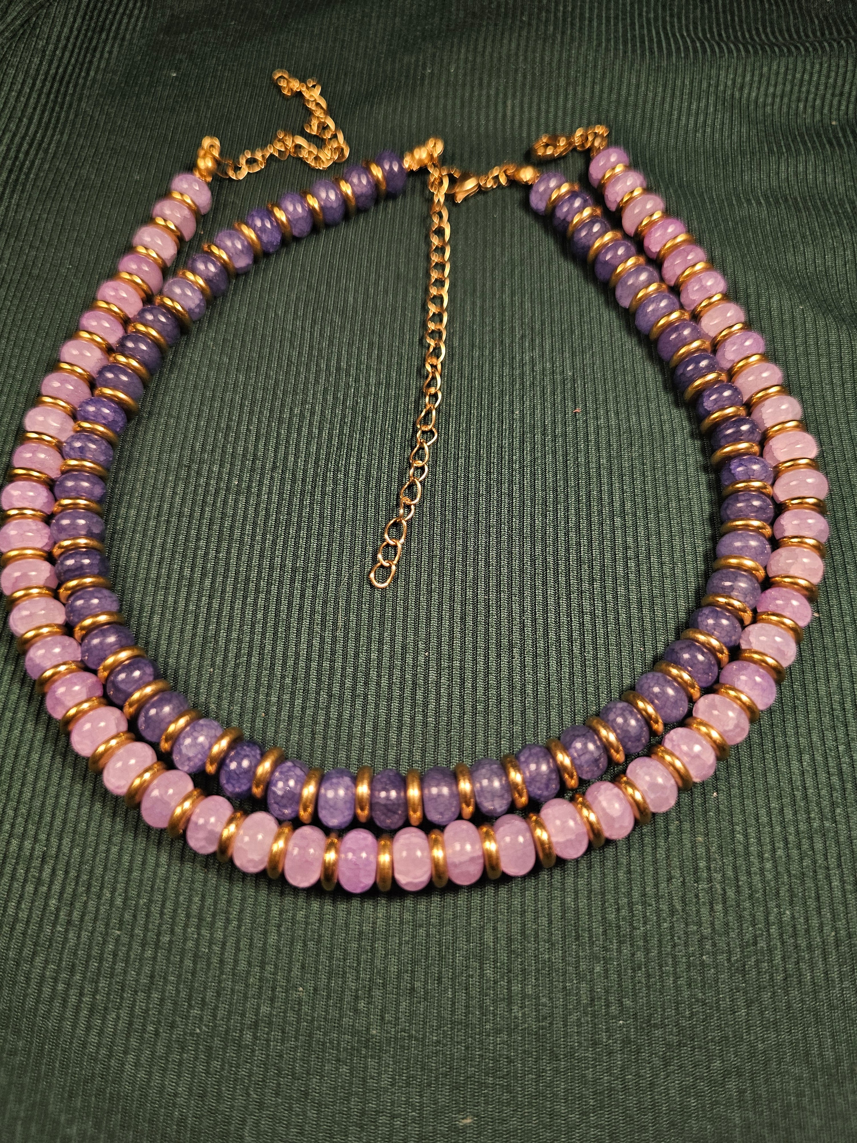 Crackle blue and purple glass and gold bead necklace
