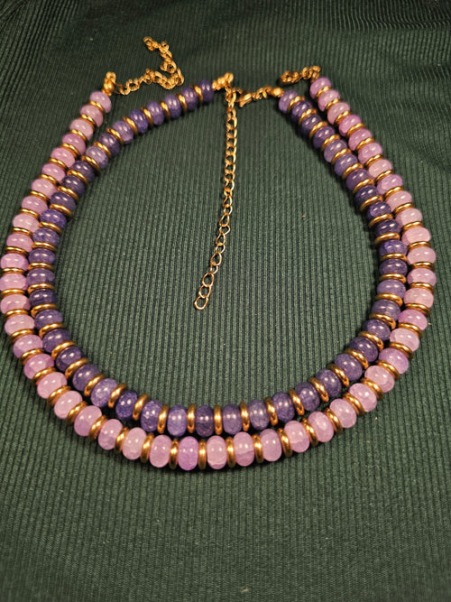 Crackle blue and purple glass and gold bead necklace
