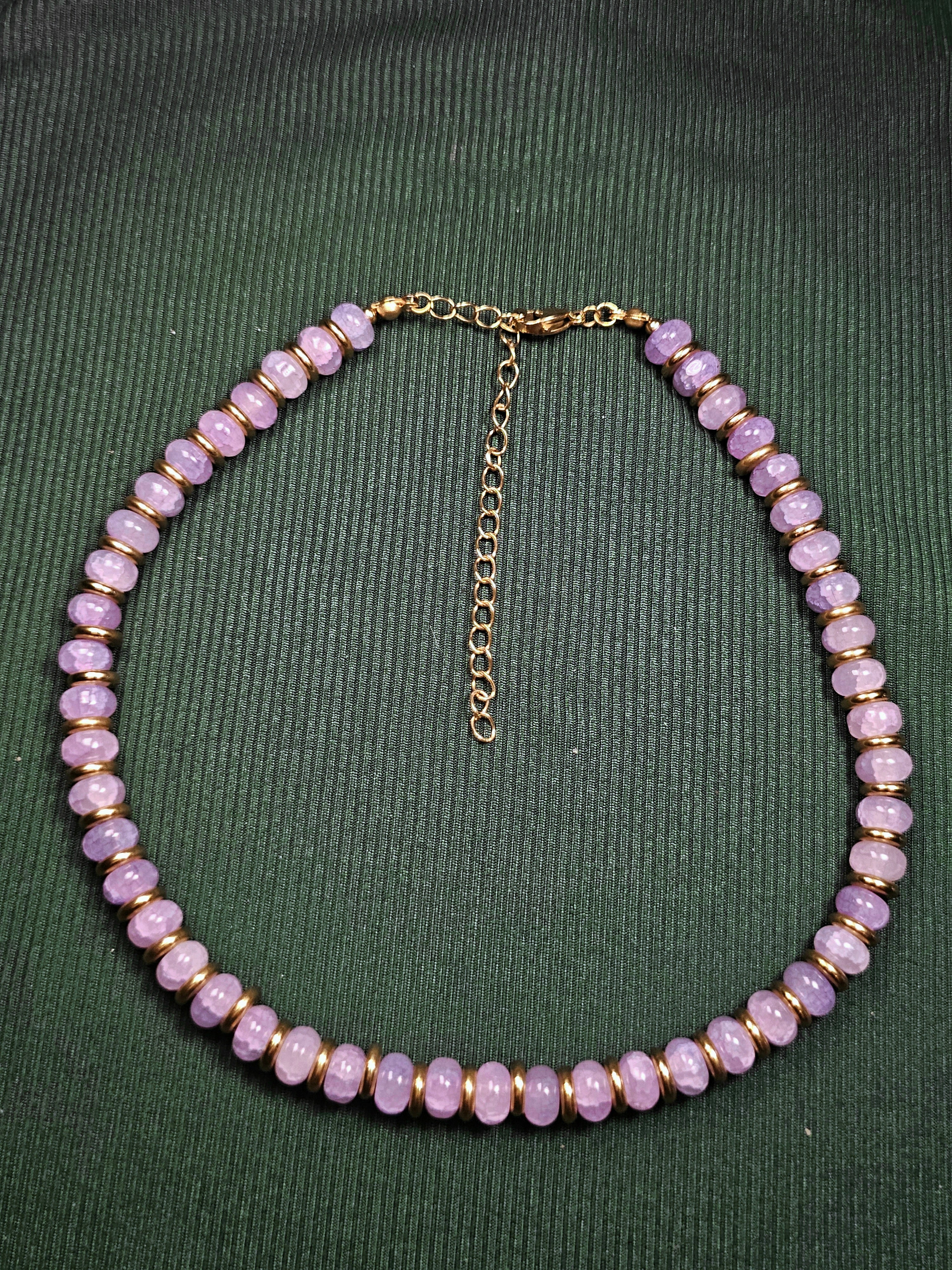 Crackle blue and purple glass and gold bead necklace