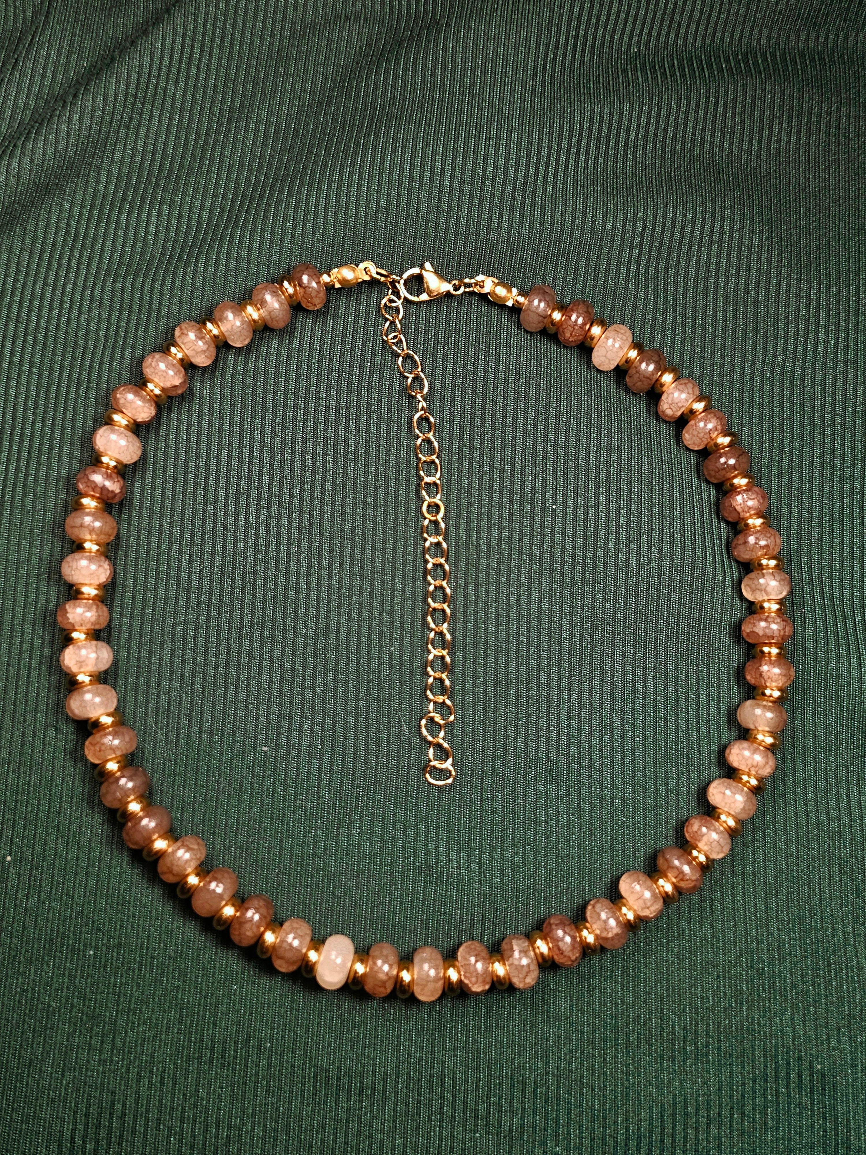 Crackle brown and black glass and gold bead necklace