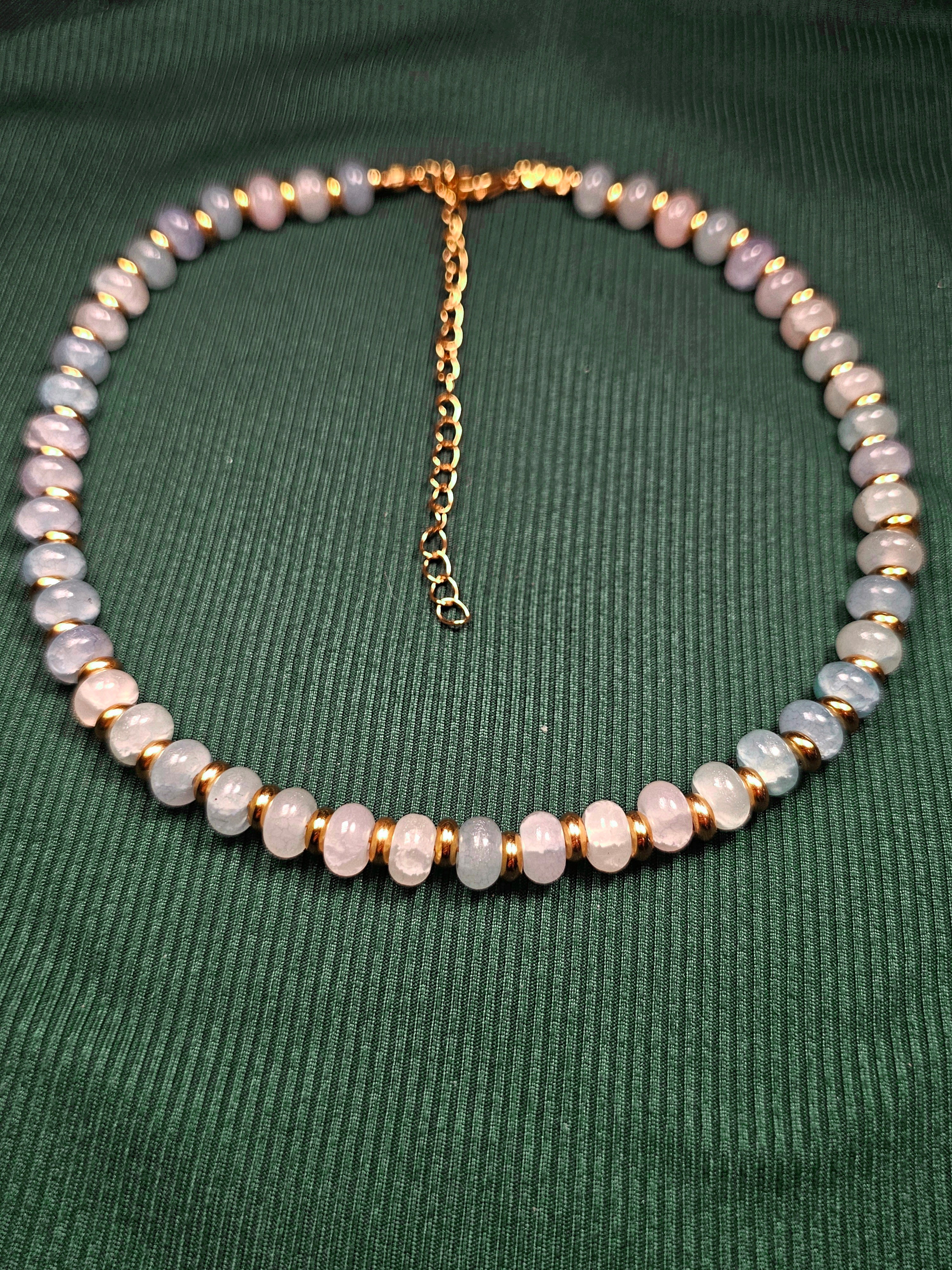 Crackle blue glass and gold beaded necklace
