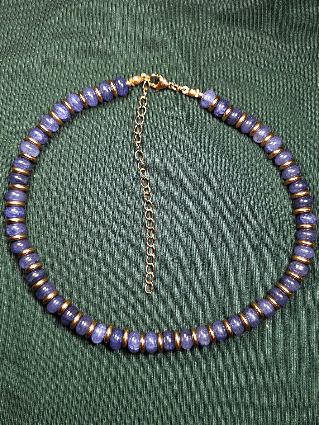 Crackle blue and purple glass and gold bead necklace