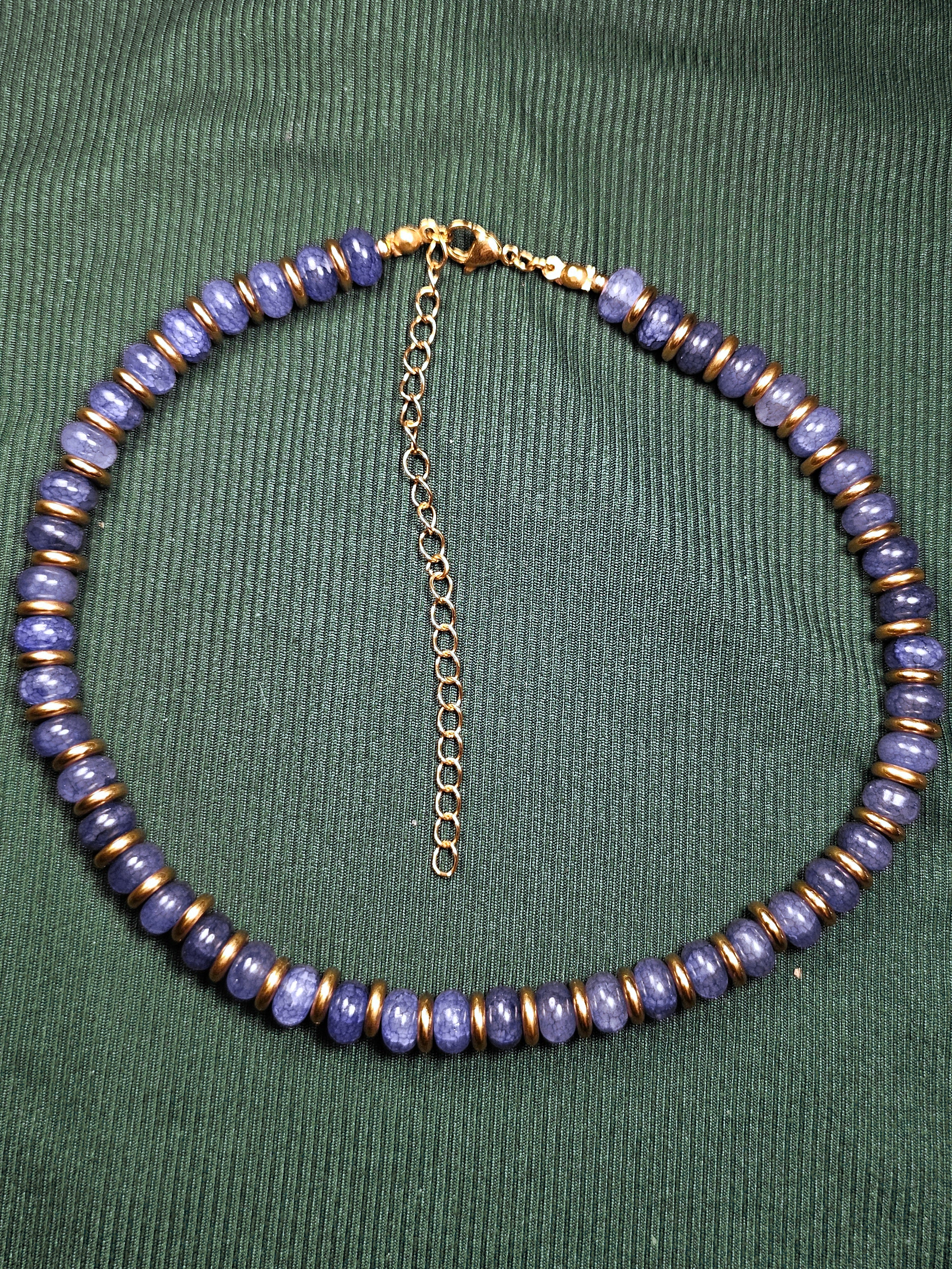 Crackle blue and purple glass and gold bead necklace