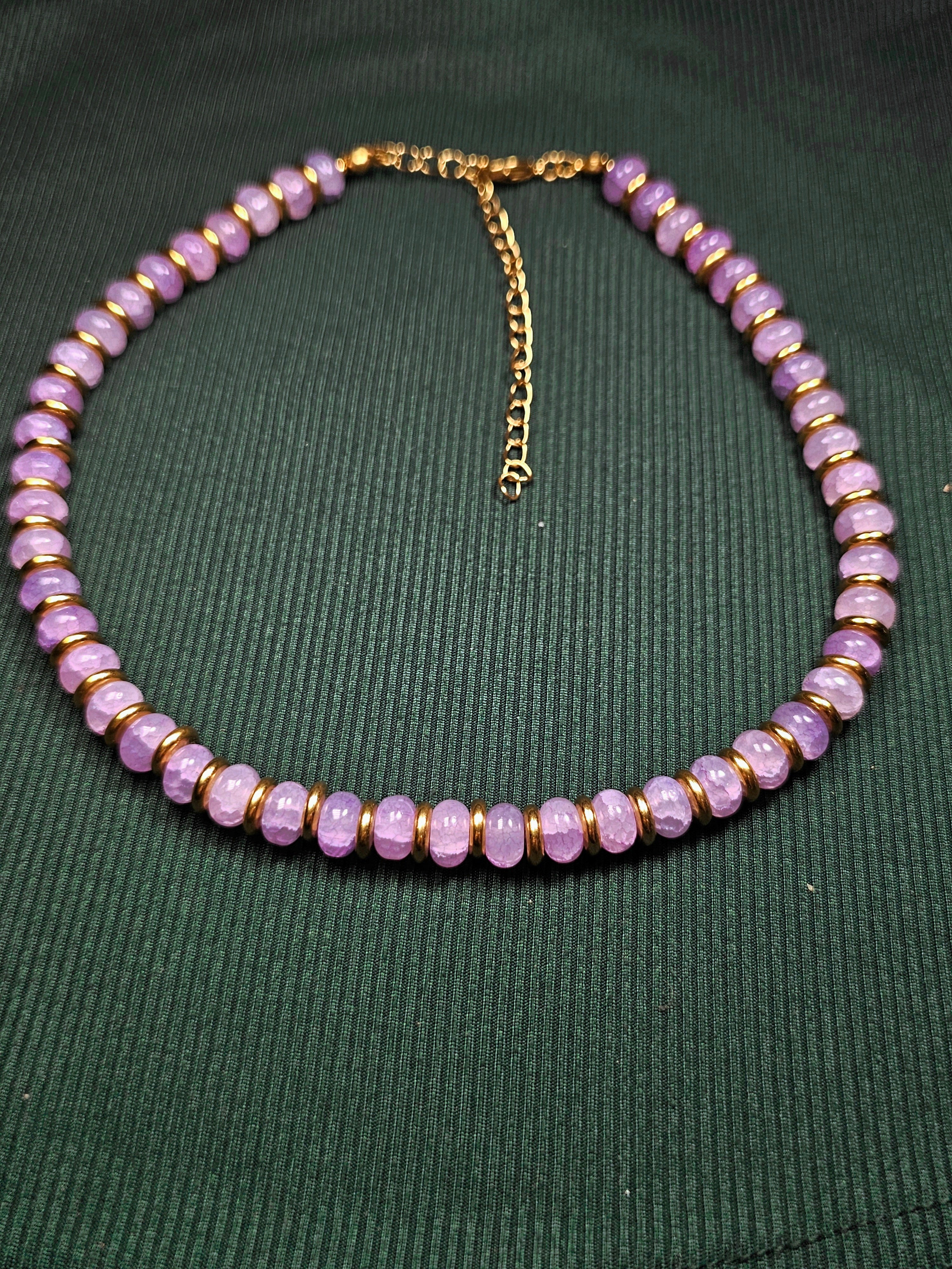 Crackle blue and purple glass and gold bead necklace