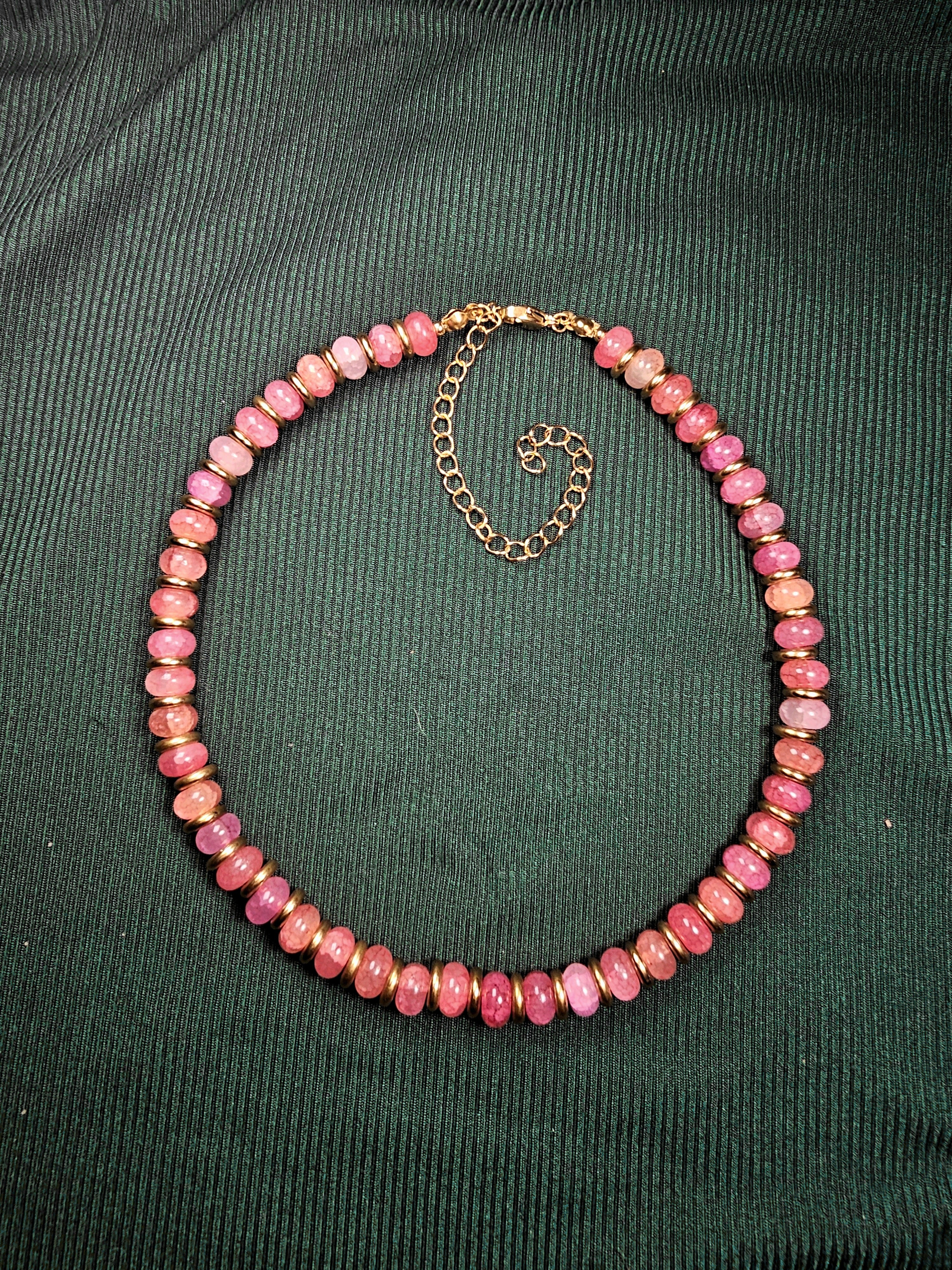 Crackle red glass and gold beaded necklace