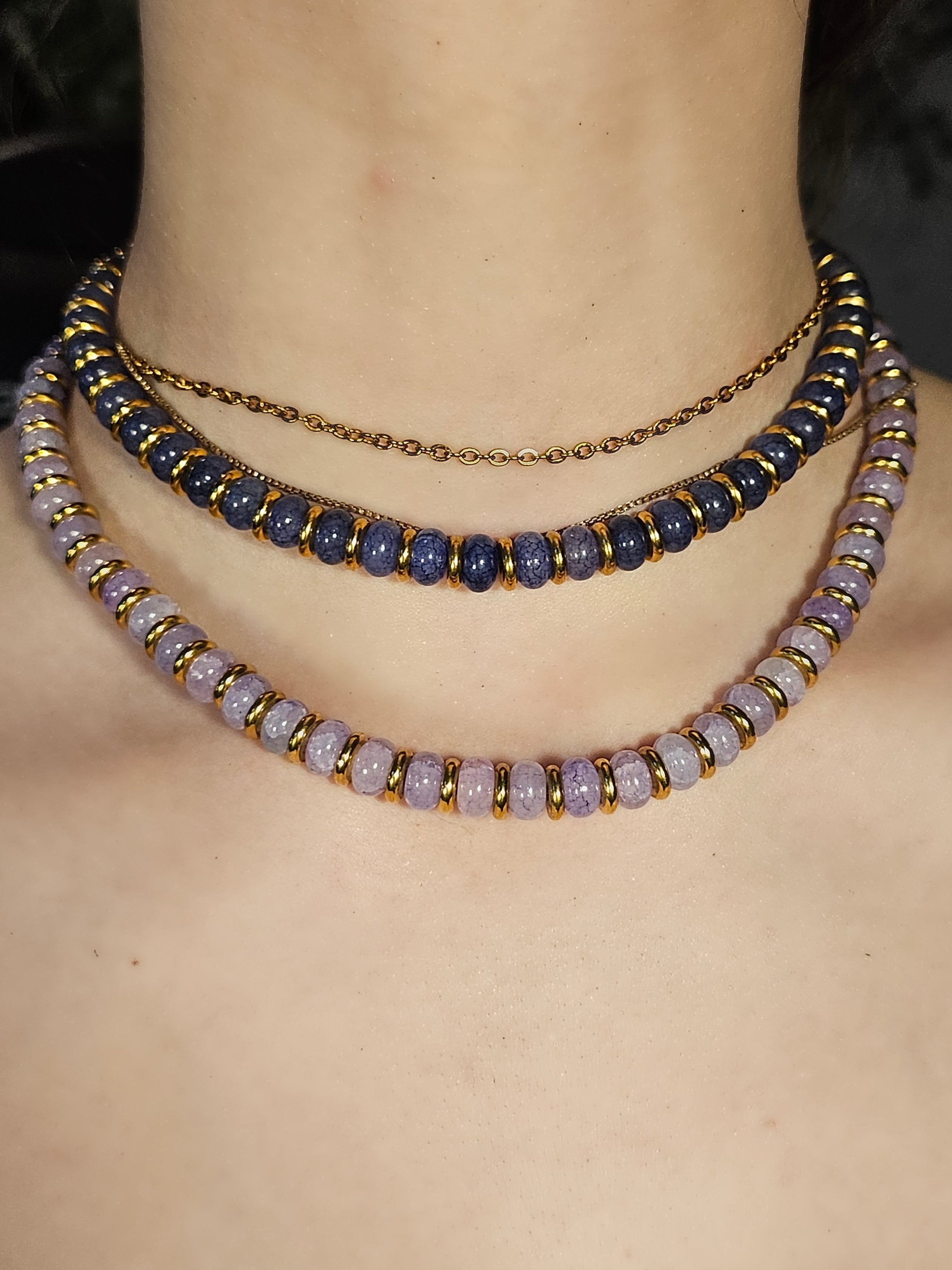 Crackle blue and purple glass and gold bead necklace
