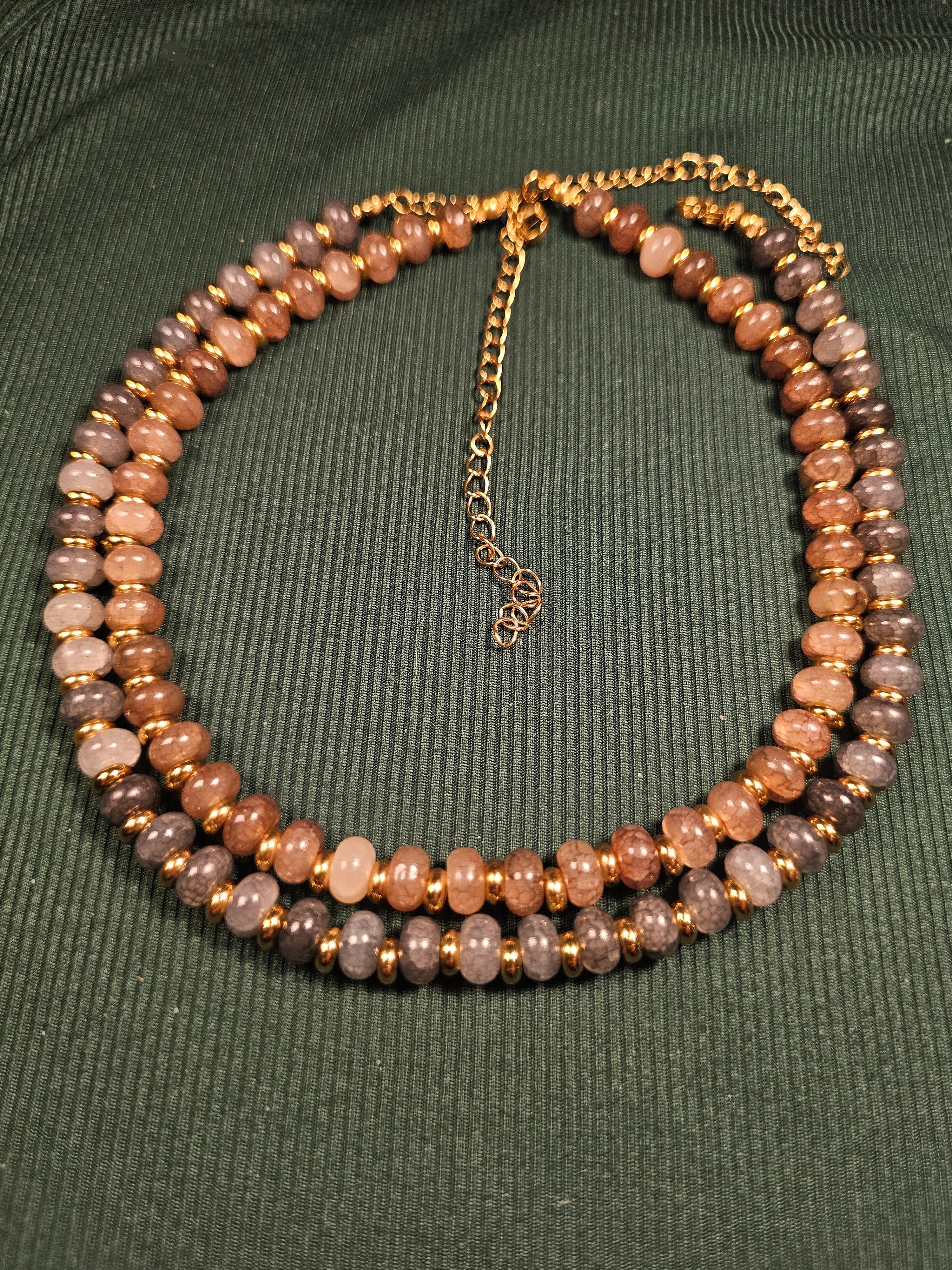 Crackle brown and black glass and gold bead necklace