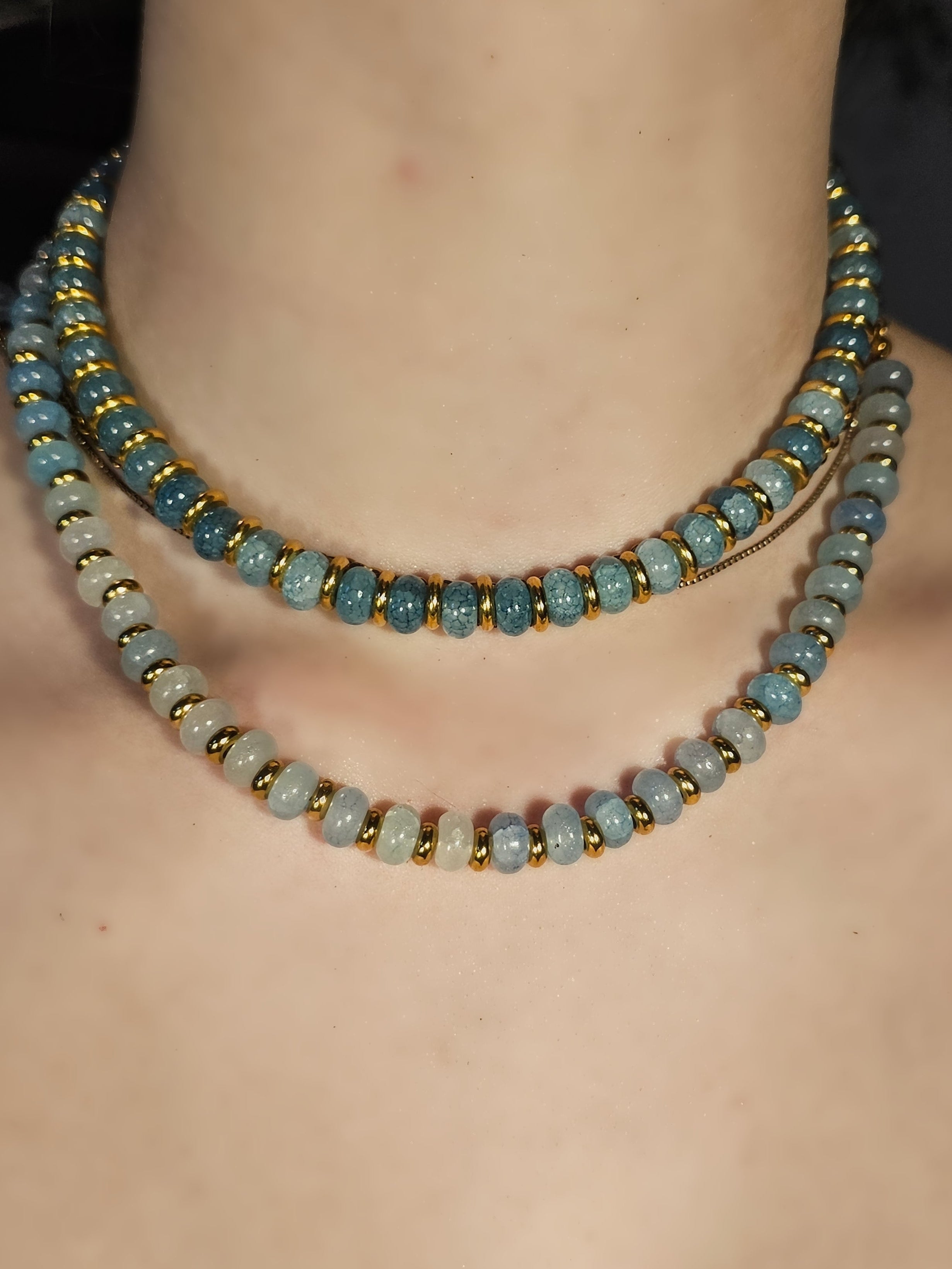 Crackle blue glass and gold beaded necklace