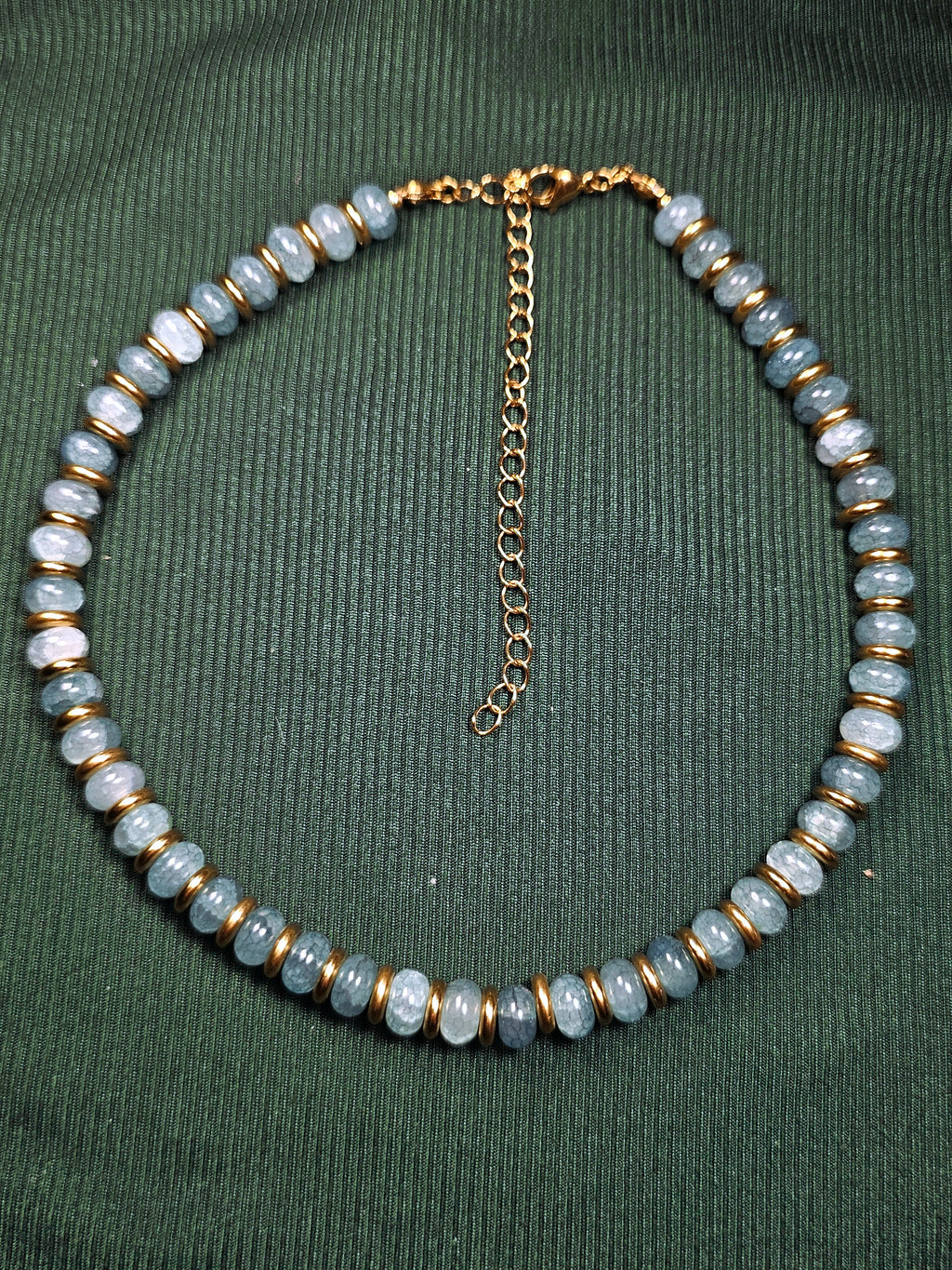 Crackle blue glass and gold beaded necklace