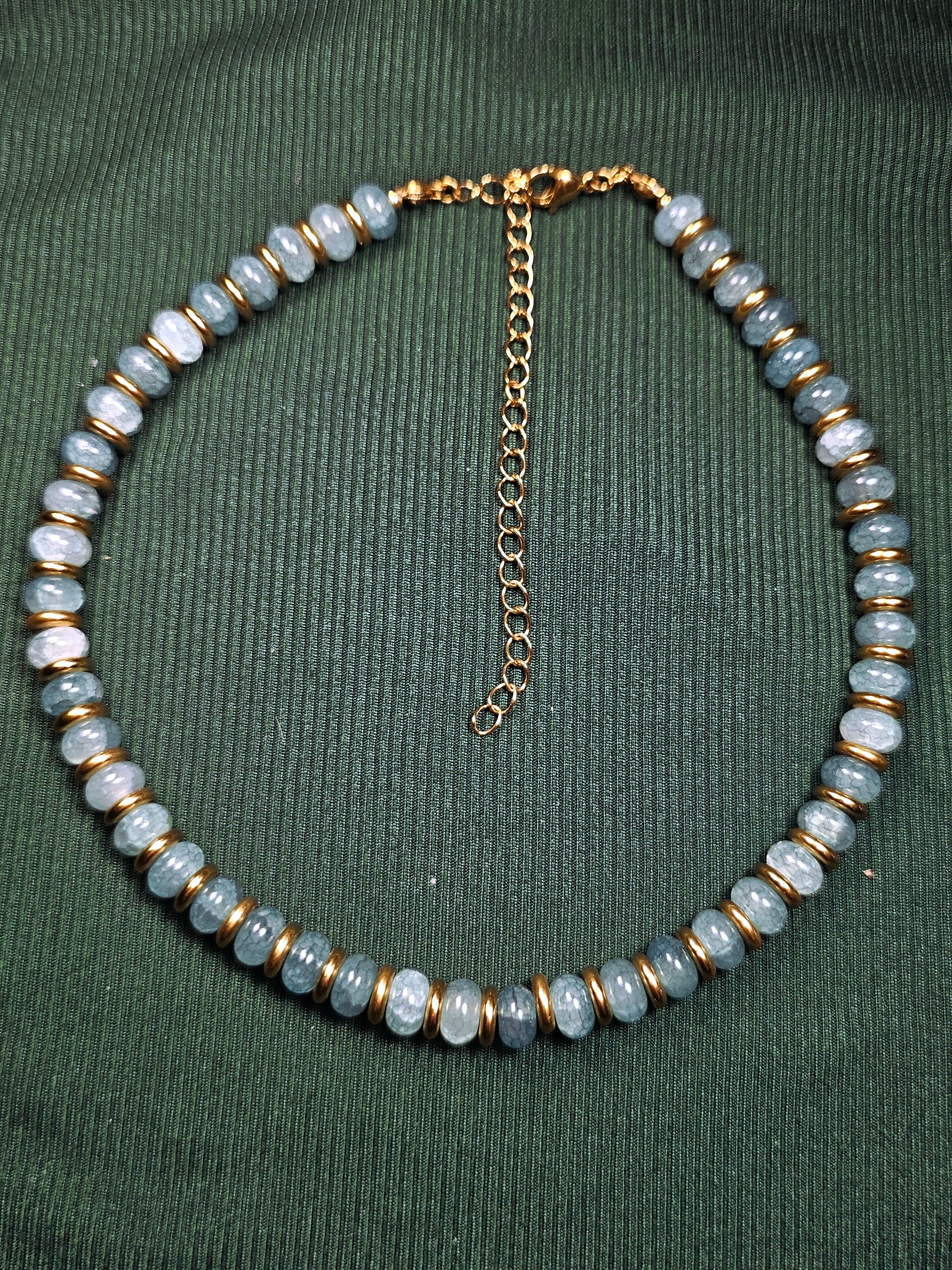 Crackle blue glass and gold beaded necklace