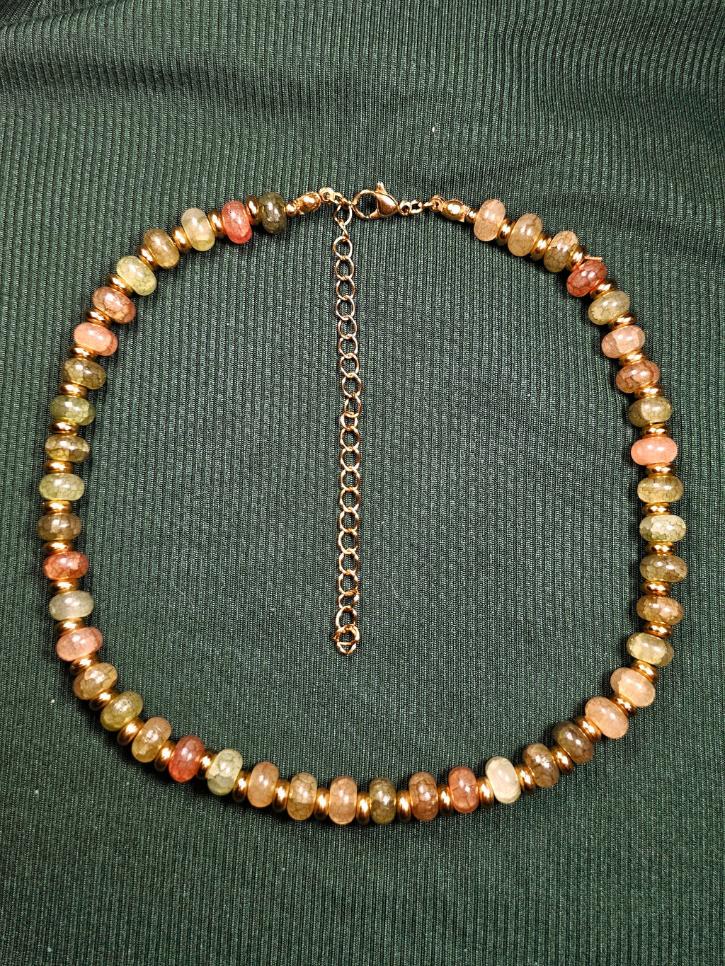 Crackle green glass and gold beaded necklace