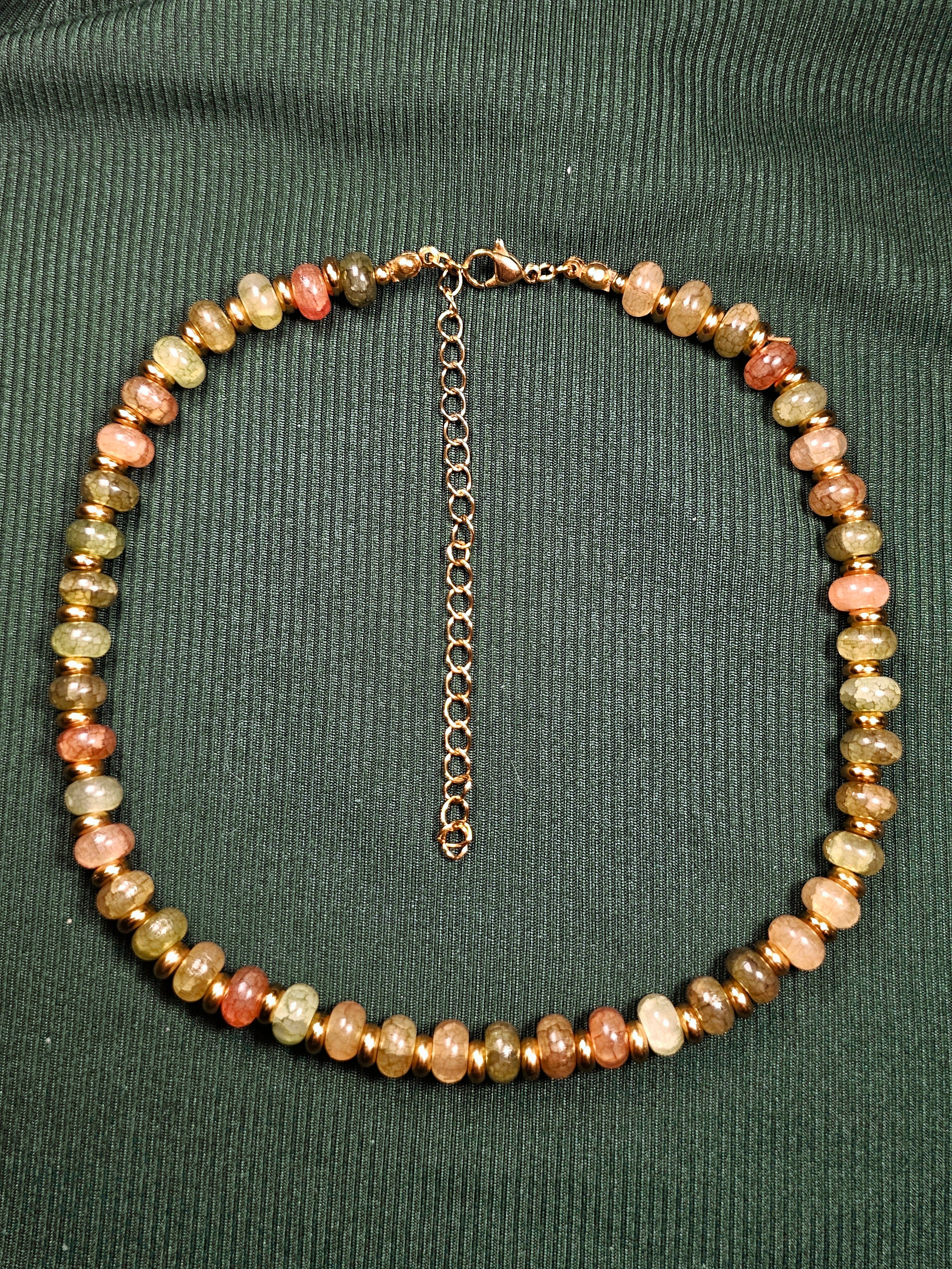Crackle green glass and gold beaded necklace