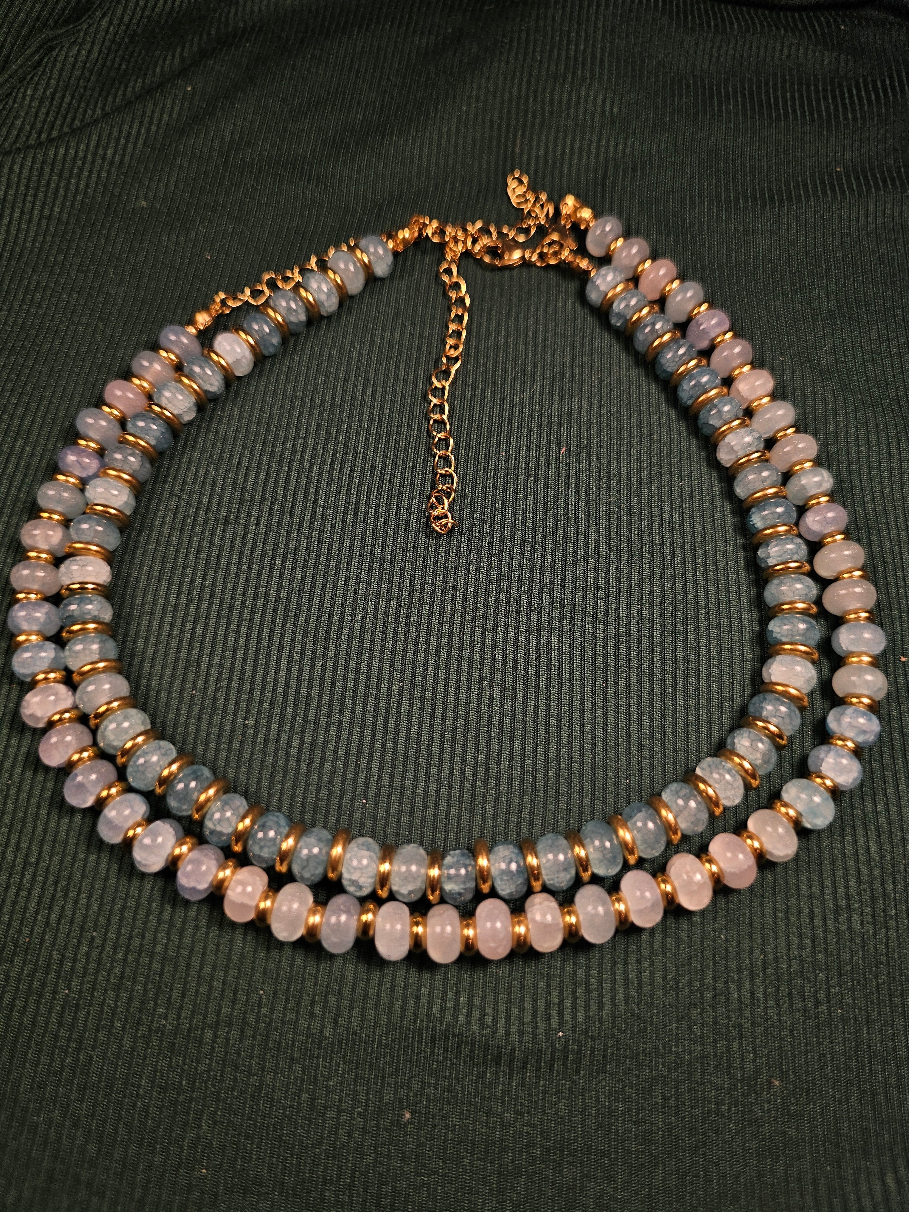 Crackle blue glass and gold beaded necklace