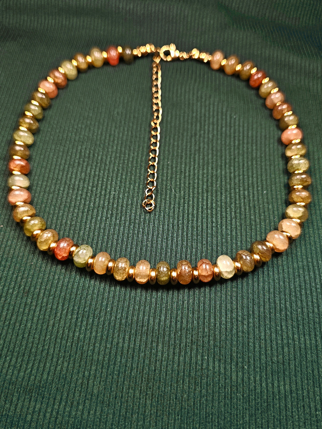 Crackle green glass and gold beaded necklace