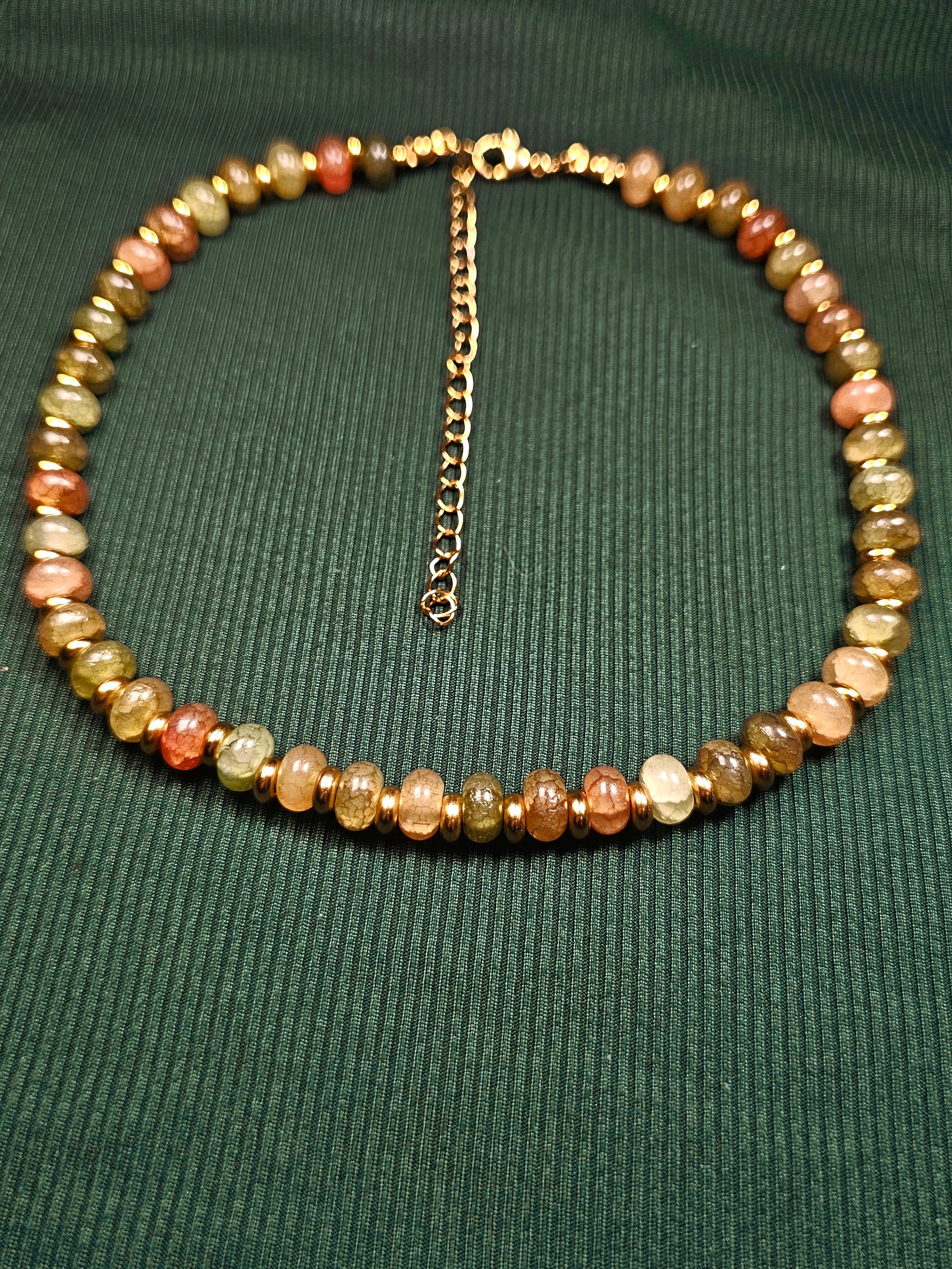 Crackle green glass and gold beaded necklace