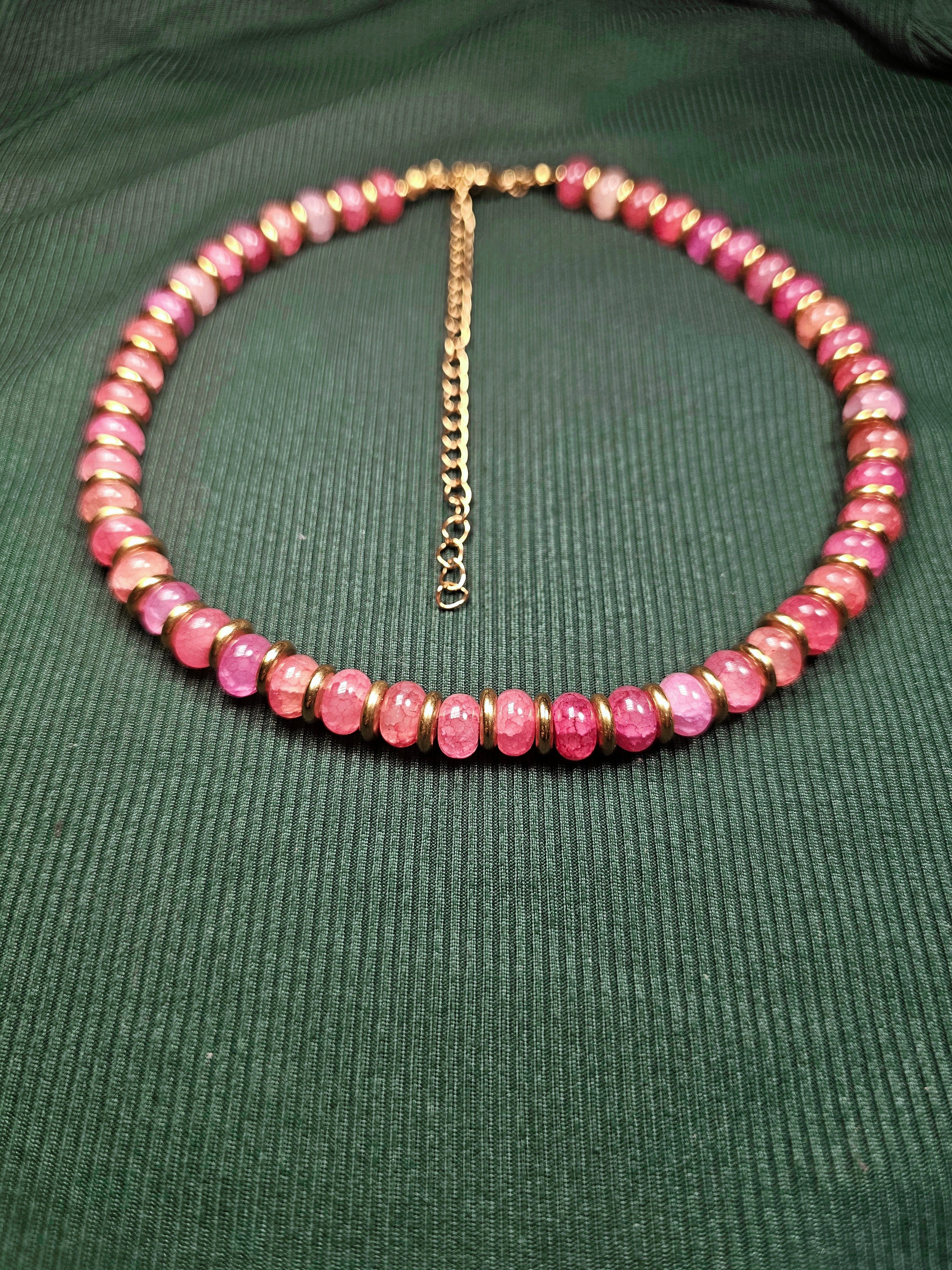 Crackle red glass and gold beaded necklace