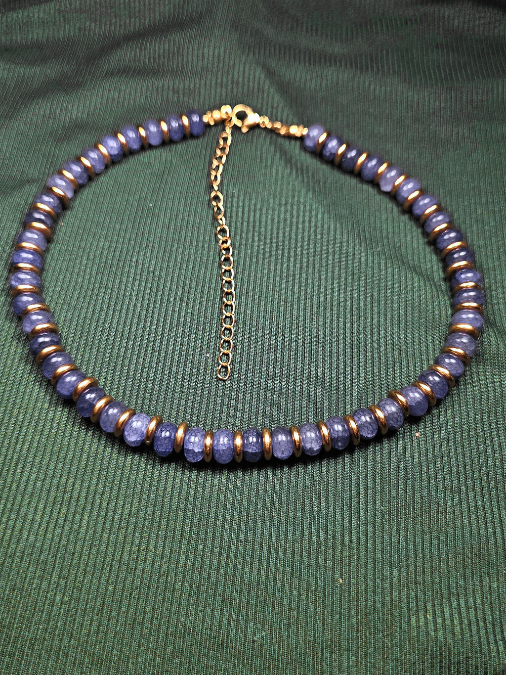 Crackle blue and purple glass and gold bead necklace