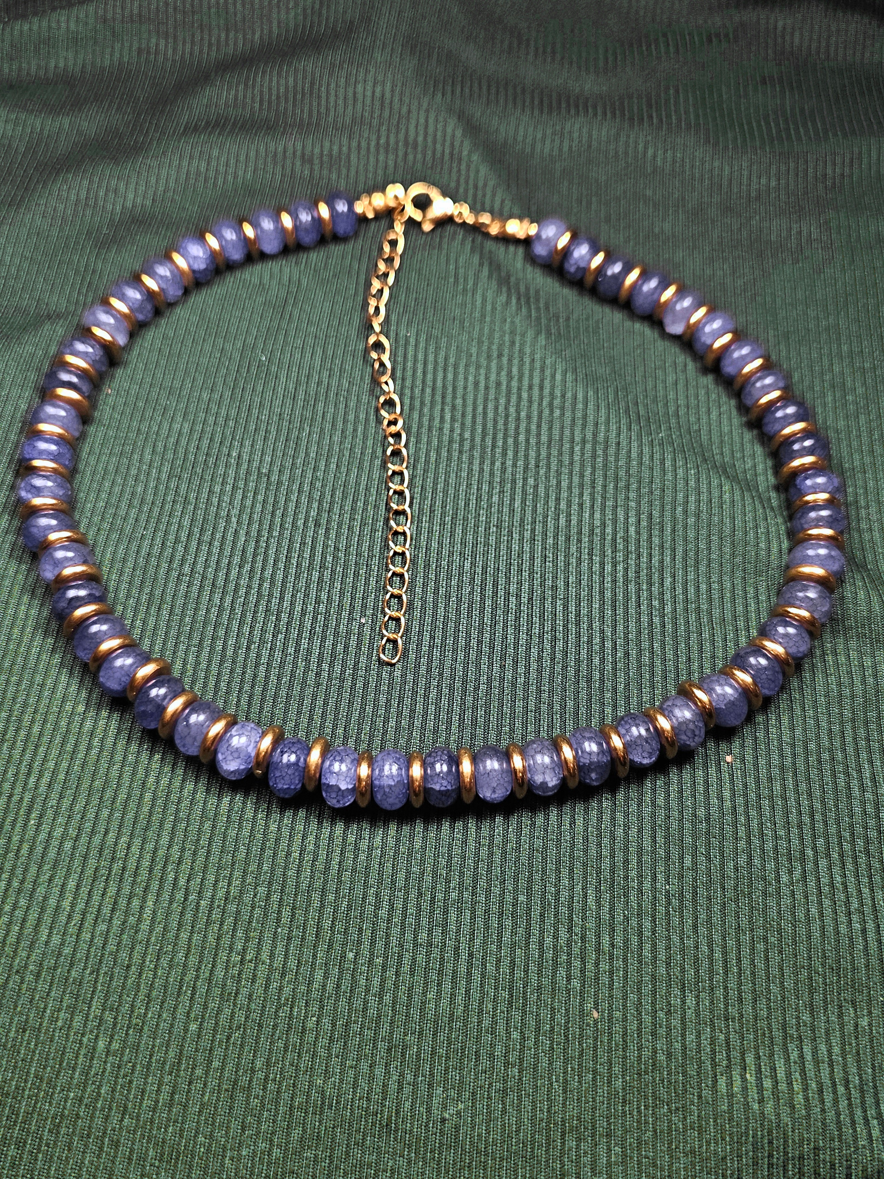 Crackle blue and purple glass and gold bead necklace